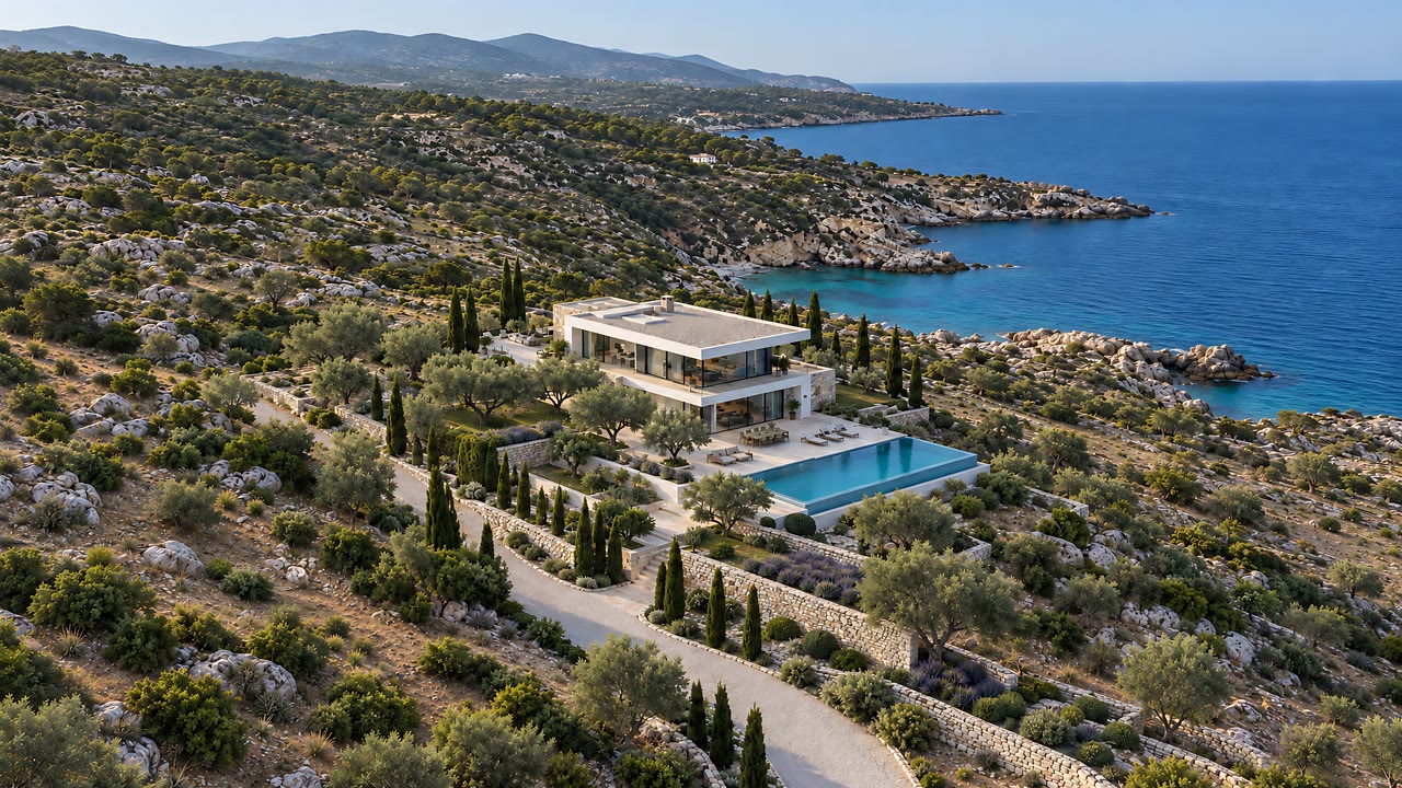 A single still image of a hillside villa above the sea, the starting point for the footage